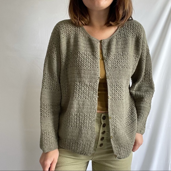 EDDIE BAUER | Vintage Olive Green Crochet Knit Cropepd Cardigan Sz XL - Picture 2 of 8